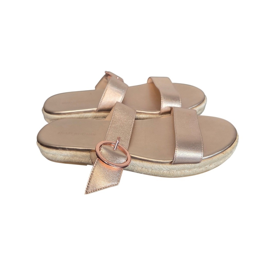 Stuart Weitzman Rose Gold Metallic Leather Espadrille Sandals Ankle Strap